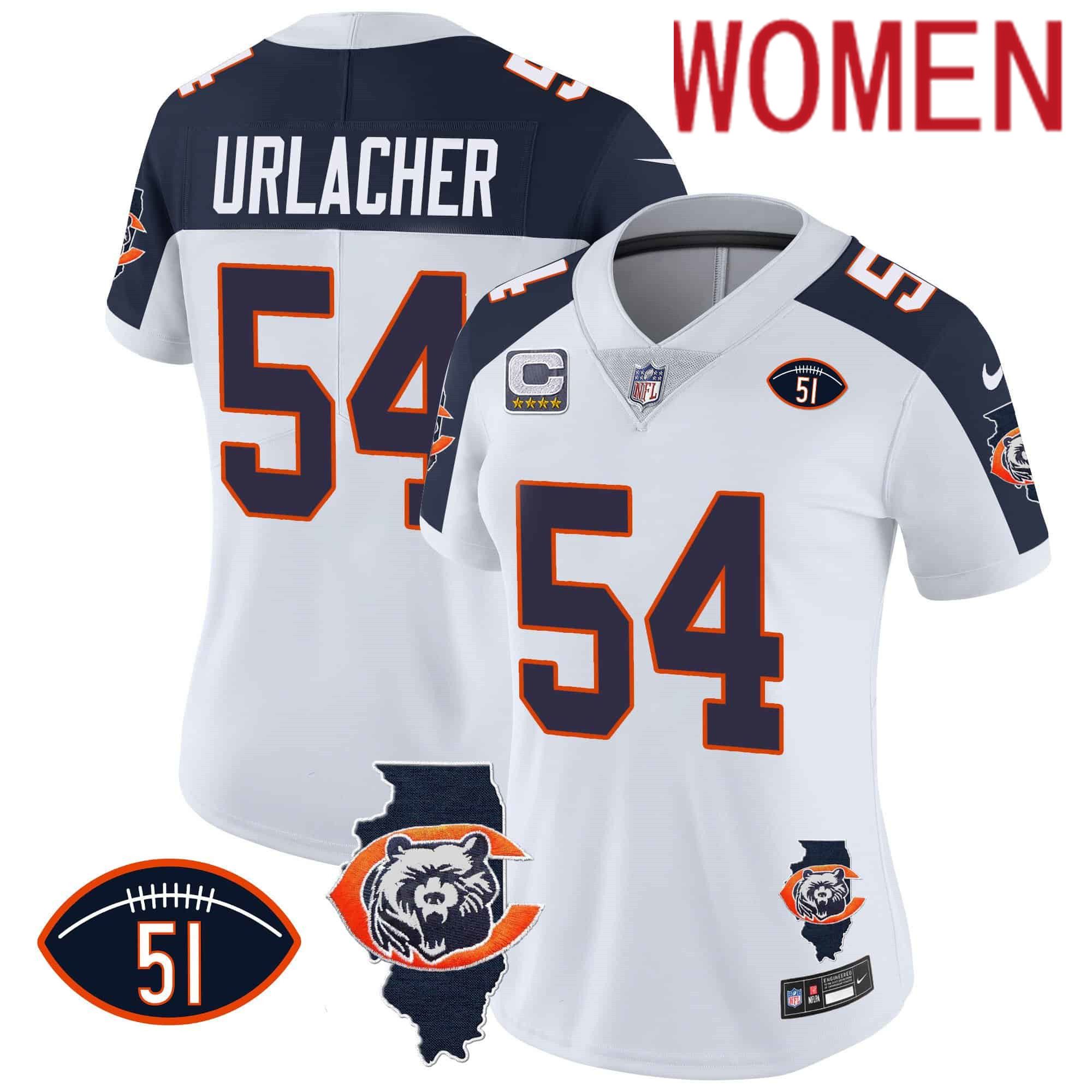 Women Chicago Bears #54 Urlacher White 2024 Nike Throwback Illinois Patch Vapor NFL Jersey style 2->women nfl jersey->Women Jersey